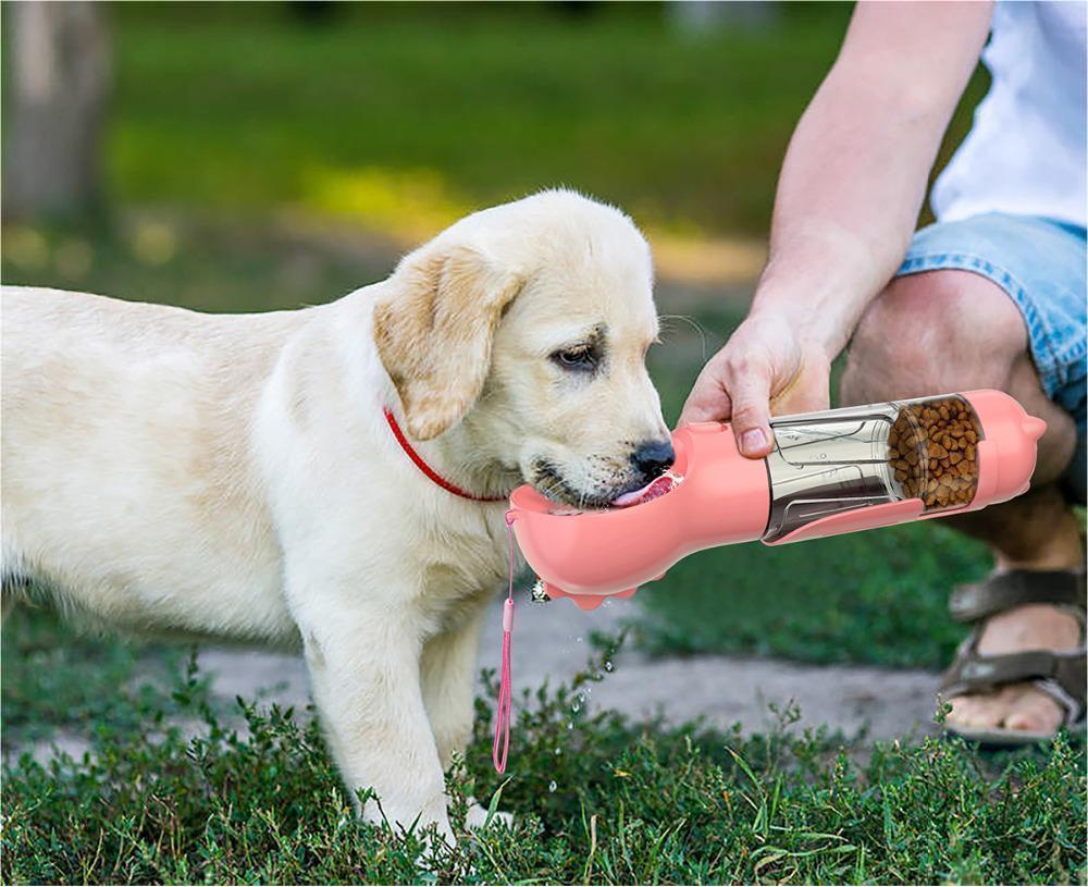 Botella de agua para mascotas, comedero, bolsa de basura, almacenamiento portátil para mascotas, viajes al aire libre, botella de agua para perros 3 en 1 sola unidad