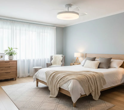 DUPI Ventilador de Techo con Luz | Motor DC Silencioso | Función Verano e Invierno | 6 Velocidades | Aspas Retráctiles | Blanco-Taupe