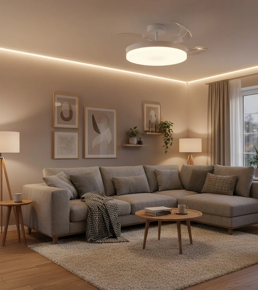 DUPI Ventilador de Techo con Luz | Motor DC Silencioso | Función Verano e Invierno | 6 Velocidades | Aspas Retráctiles | Blanco-Taupe