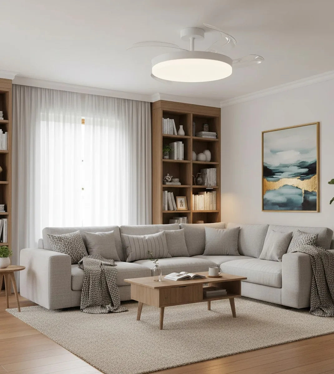 DUPI Ventilador de Techo con Luz | Motor DC Silencioso | Función Verano e Invierno | 6 Velocidades | Aspas Retráctiles | Blanco-Taupe