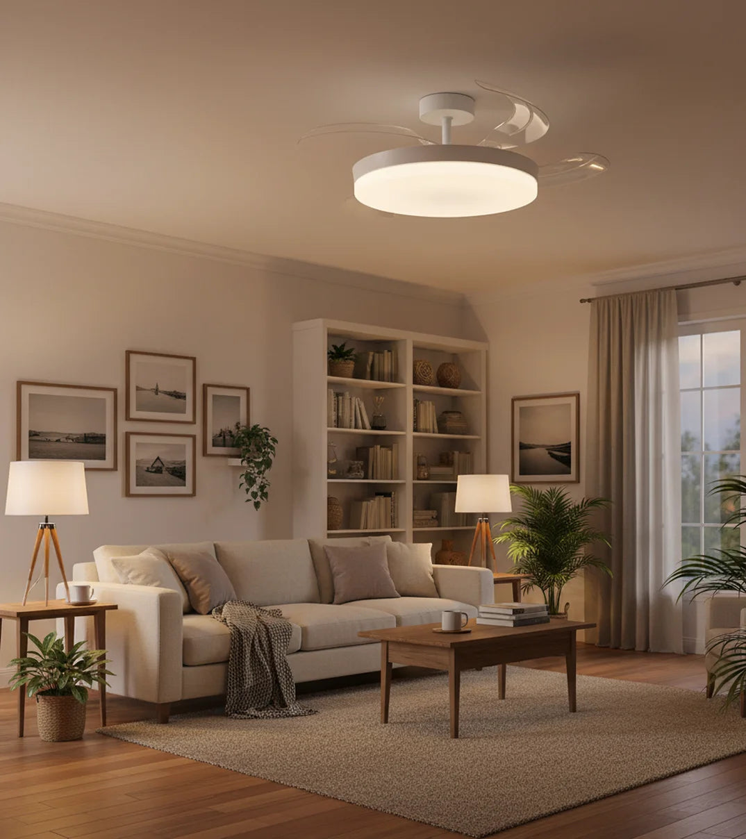 DUPI Ventilador de Techo con Luz | Motor DC Silencioso | Función Verano e Invierno | 6 Velocidades | Aspas Retráctiles | Blanco-Taupe