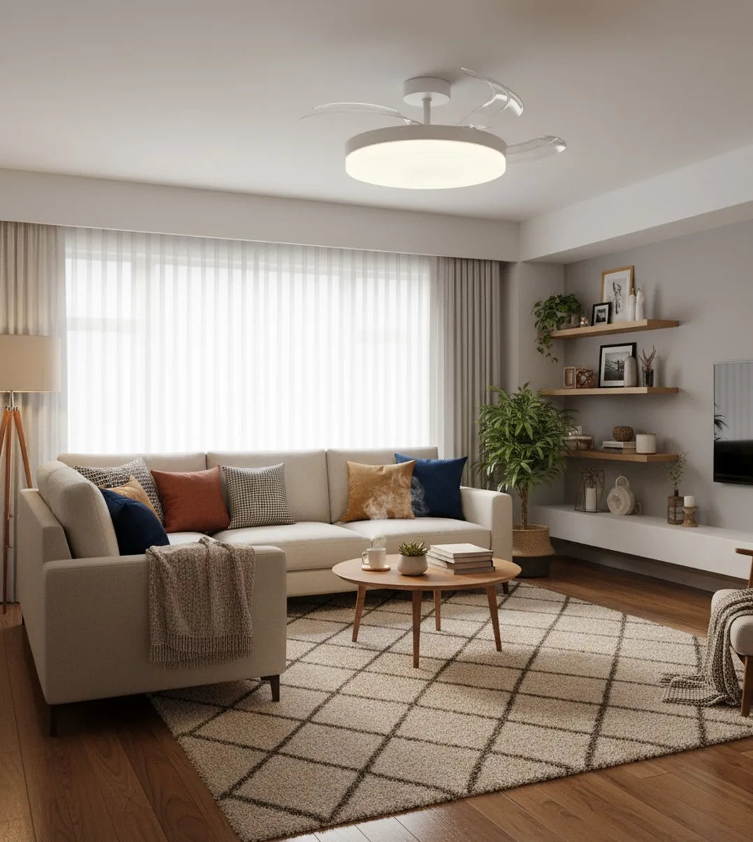 DUPI Ventilador de Techo con Luz | Motor DC Silencioso | Función Verano e Invierno | 6 Velocidades | Aspas Retráctiles | Blanco-Taupe