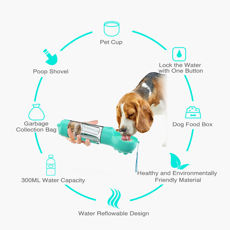 Botella de agua para mascotas, comedero, bolsa de basura, almacenamiento portátil para mascotas, viajes al aire libre, botella de agua para perros 3 en 1 sola unidad